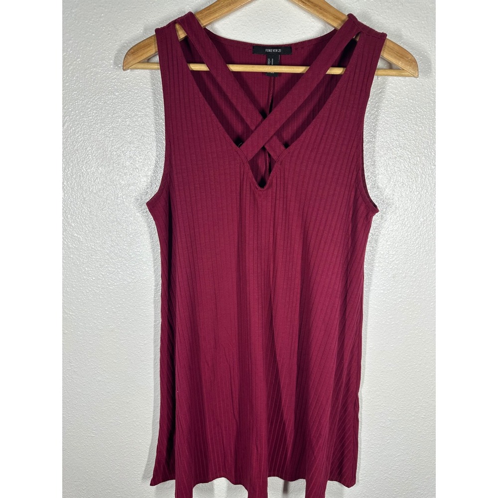 Forever 21 Tank Top Womens M Burgundy Ribbed Strappy‎ Cage Neck Sleeveless Knit